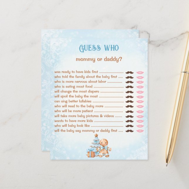 Papier Devinez Qui Maman Papa Baby shower Bleu Jeu (Devant/Arrière en situation)