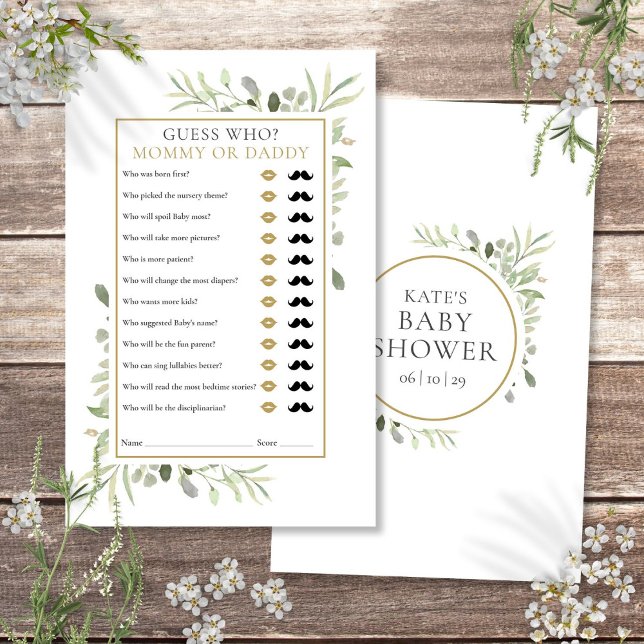Papier Devinez Qui Maman Papa Baby shower Vert Jeu (Guess Who Mommy Daddy Greenery Baby Shower Game)