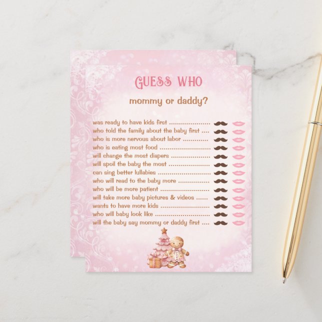 Papier Devinez Qui Maman Papa Pink Baby shower Jeu (Devant/Arrière en situation)