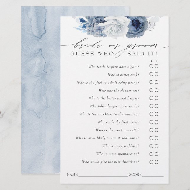 Papier Devinez qui marié ou la chambre - Dusty Blue Game  (Devant / Derrière)