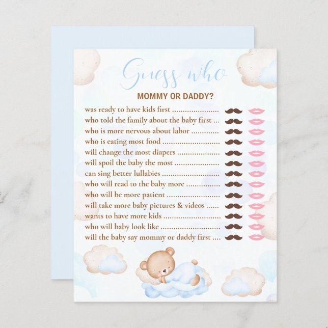Papier Devinez Qui Porte Baby shower Bleu Jeu (Devant / Derrière)