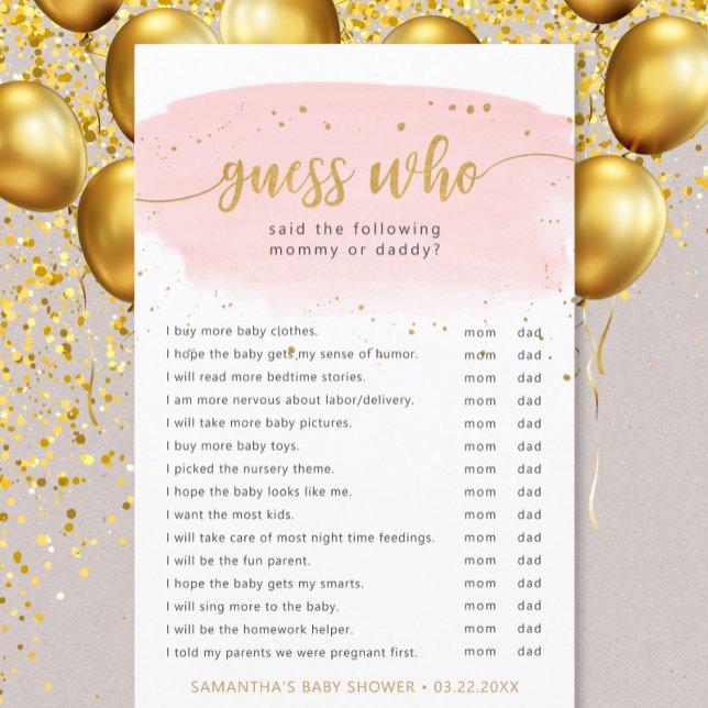 Papier Devinez qui rose aquarelle + or baby shower jeu (All text is editable so you can get really personal!)