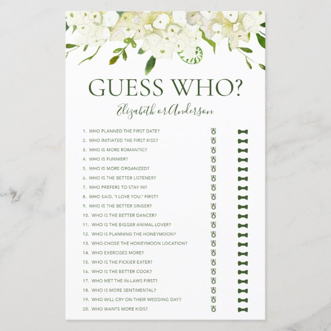 Papier Devinez Qui White Hydrangeas Fête des mariées Jeu (Devant)