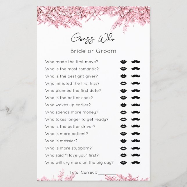 Papier Devinez Who-Bride ou Groom-Blossom Bridal ShowerGa (Devant)