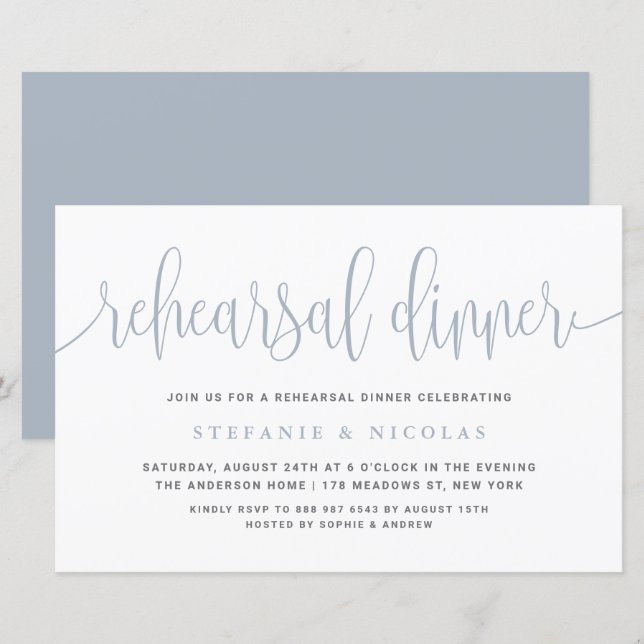 Papier Dîner de répétition Dusty Blue Pretty Calligraphy (Devant / Derrière)
