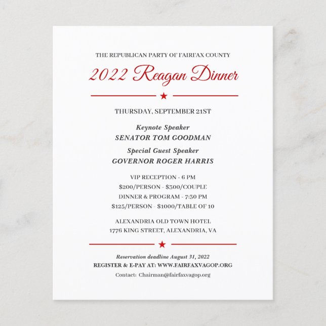 Papier Dîner Reagan 2022 Invitation de collecte de fonds  (Devant)
