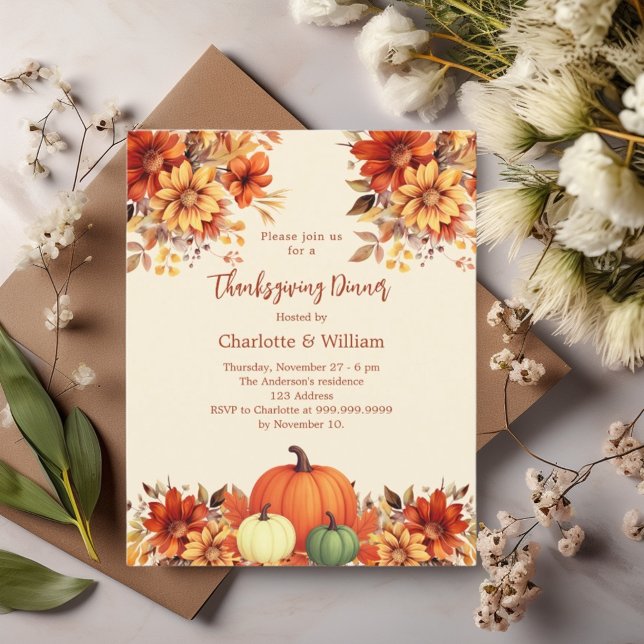 Papier Dîner Thanksgiving florals invitation citrouille (Créateur téléchargé)