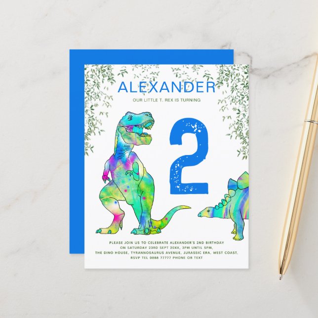 Papier Dinosaur 2ème anniversaire fête jungle budget bleu (Devant/Arrière en situation)