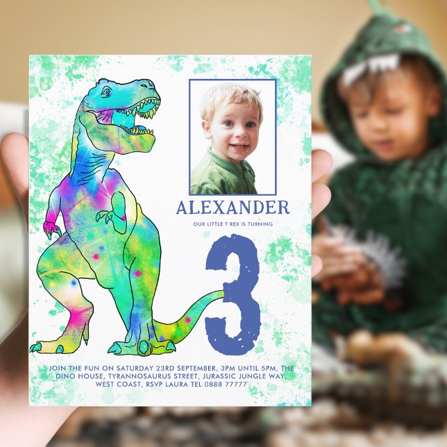 Papier Dinosaur 3ème anniversaire de fête Photo (T-Rex Dinosaur colorful watercolor 3rd birthday party budget invitation thrift dino party)