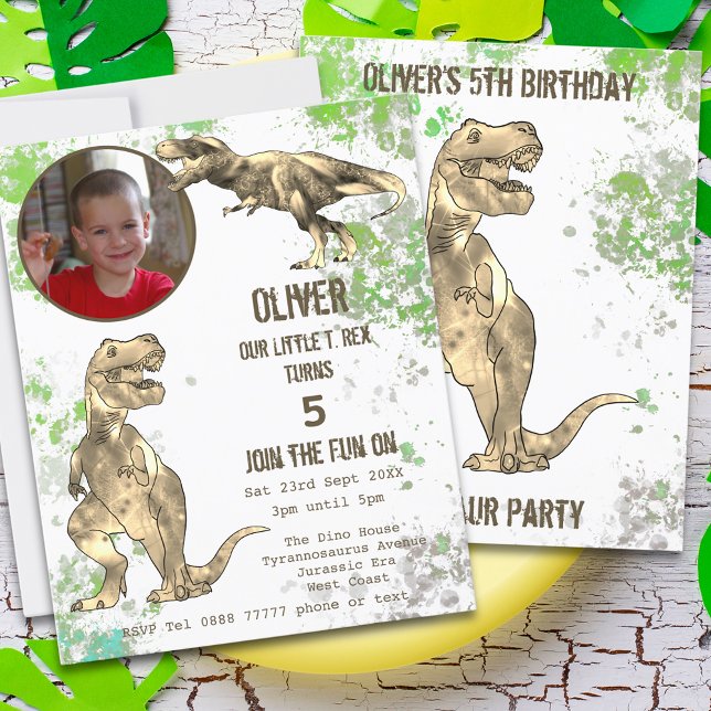 Papier Dinosaur 5e anniversaire fête T Rex Boys Photo Gre (T-Rex Dinosaur 5th birthday party invitation Jurassic jungle with prehistoric Tyrannosaurus rex dino)