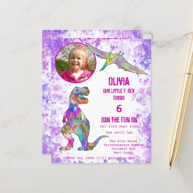 Papier Dinosaur 5e anniversaire T Rex Photo Purple Budget (Devant/Arrière en situation)