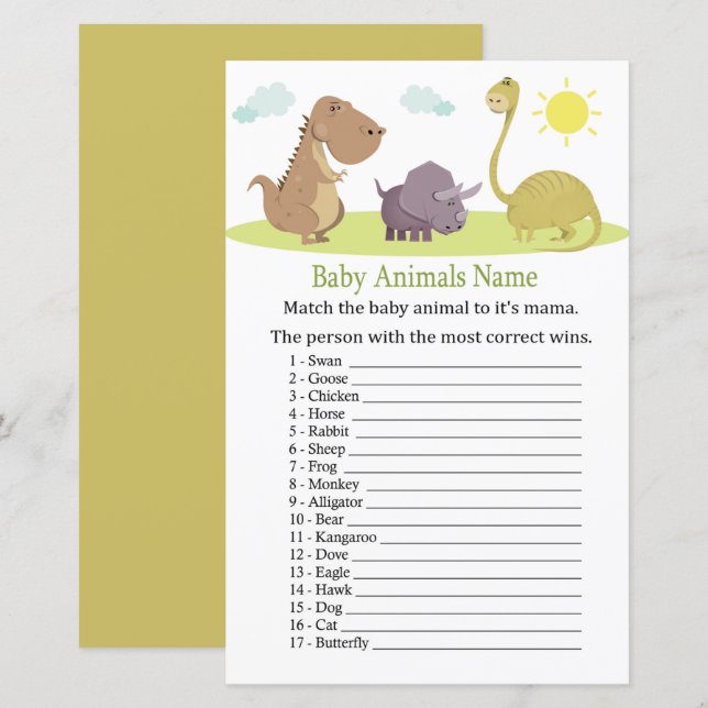 Papier Dinosaur Bébé Animaux Nom Jeu (Devant / Derrière)