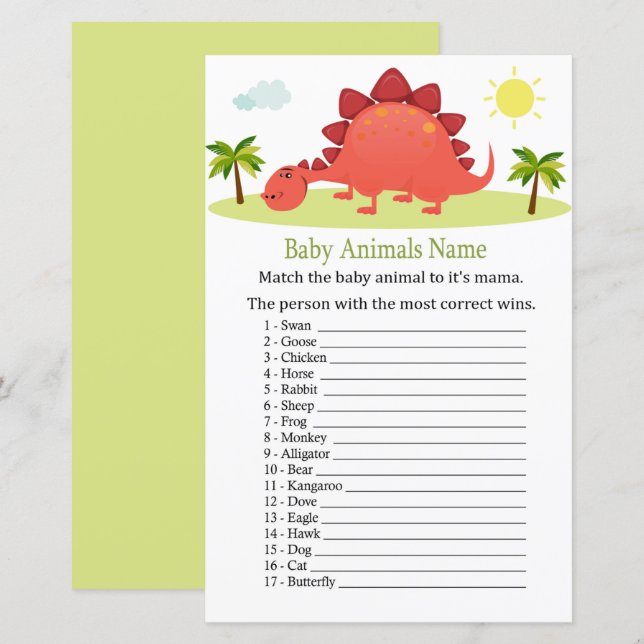 Papier Dinosaur Bébé Animaux Nom Jeu (Devant / Derrière)