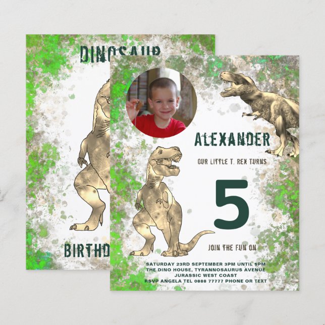 Papier Dinosaur Boys Anniversaire Photo (Devant / Derrière)