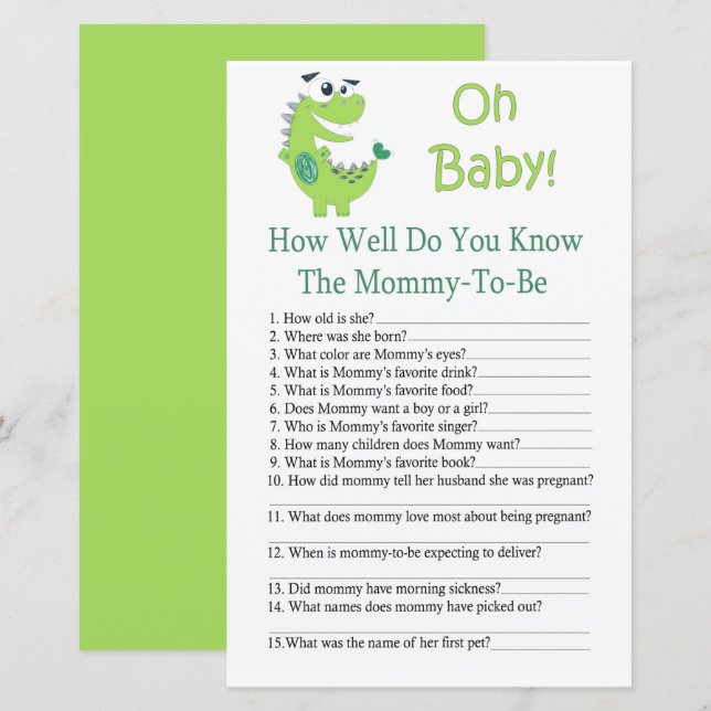 Papier Dinosaur Connaissez-vous bien le jeu de baby showe (Devant / Derrière)
