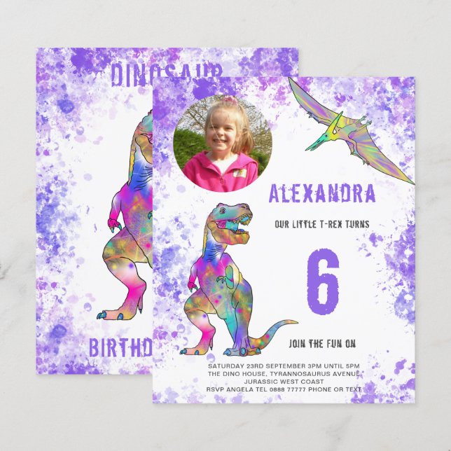 Papier Dinosaur Filles Anniversaire Photo (Devant / Derrière)