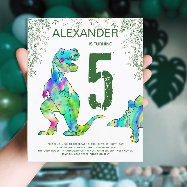 Papier Dinosaur jungle 5e anniversaire Budget de la fête (Dinosaur birthday party budget invitation with colorful T-Rex and stegosaurus jungle foliage)