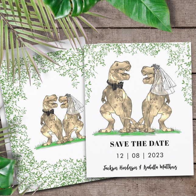 Papier Dinosaur Mariage à thème Enregistrer la date (Dinosaur wedding save the date budget invitation T-Rex bride and groom Jurassic jungle foliage)