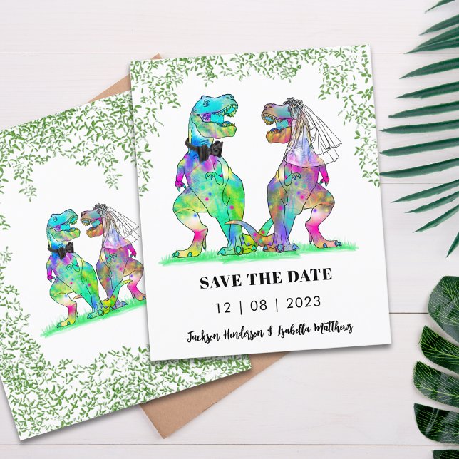 Papier Dinosaur Mariage à thème Enregistrer la date Budge (Dinosaur themed wedding save the date budget invitation T-Rex bride & groom Jurassic jungle foliage)