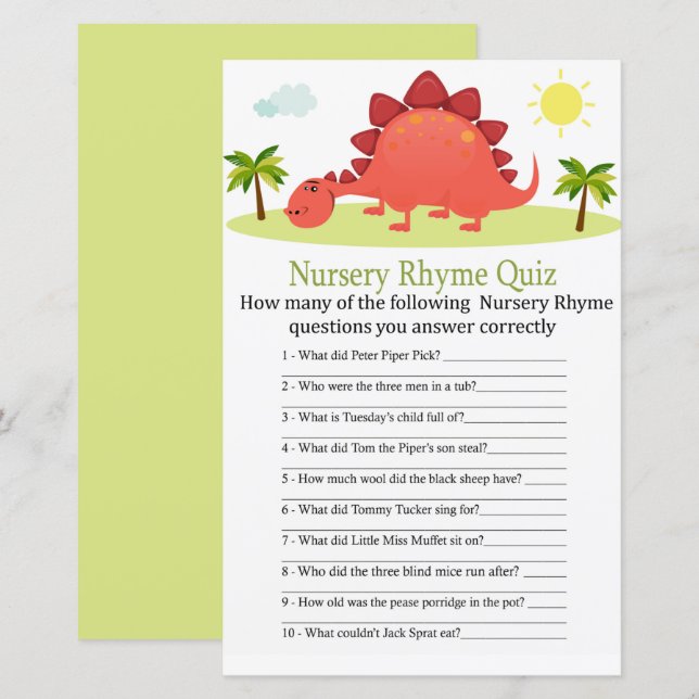 Papier Dinosaur Nursery Rhyme Quiz jeu de baby shower (Devant / Derrière)