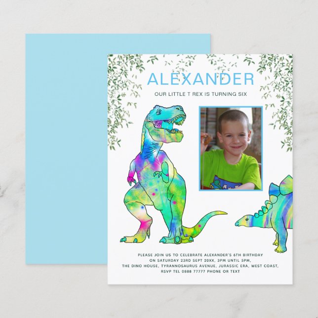 Papier Dinosaur Roar Anniversaire Photo Bleu (Devant / Derrière)