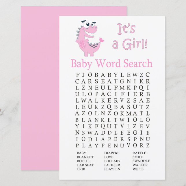 Papier Dinosaur rose Baby shower Mot de recherche jeu (Devant / Derrière)