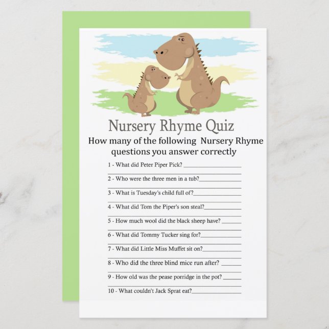 Papier Dinosaur T-rex Nursery Rhyme Quiz jeu de baby show (Devant / Derrière)