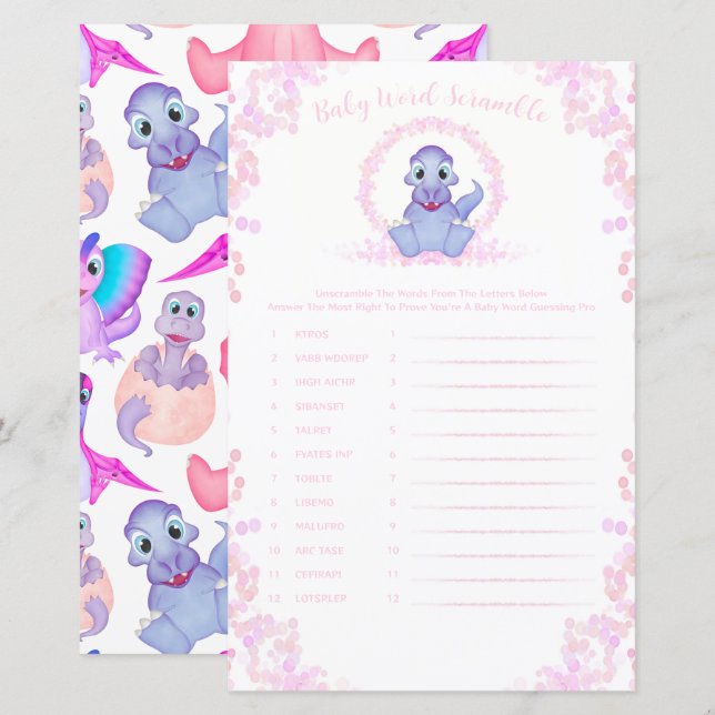 Papier Dinosaure rose Bébé Mot Scramble Baby shower Jeu (Devant / Derrière)
