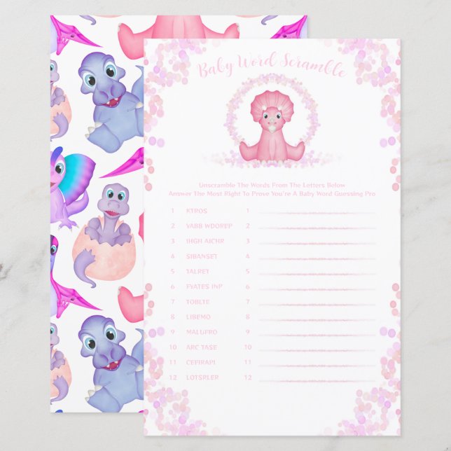 Papier Dinosaure rose Bébé Mot Scramble Baby shower Jeu (Devant / Derrière)