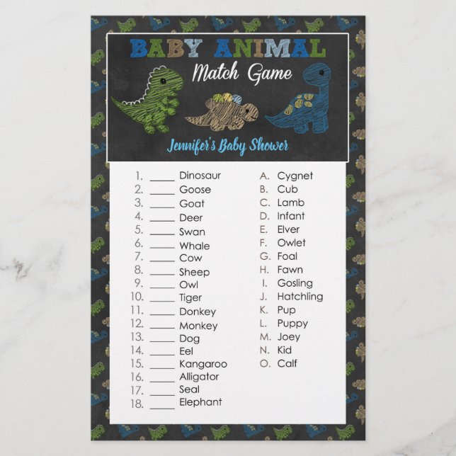 Papier Dinosaures Chalkboard Baby shower animal match jeu (Devant)