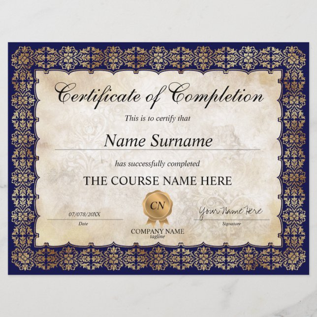 Papier Diplôme d'attribution de certificat d'achèvement c (Devant)