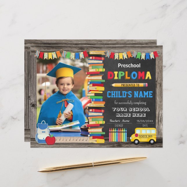 Papier Diplôme d'études préscolaires avec photo (Devant/Arrière en situation)