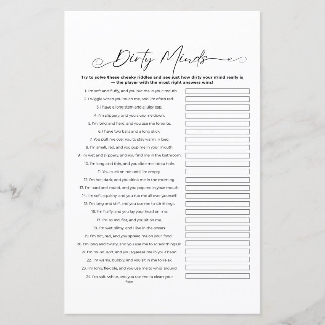 Papier Dirty Riddles Bachelorette Party Game (Devant)