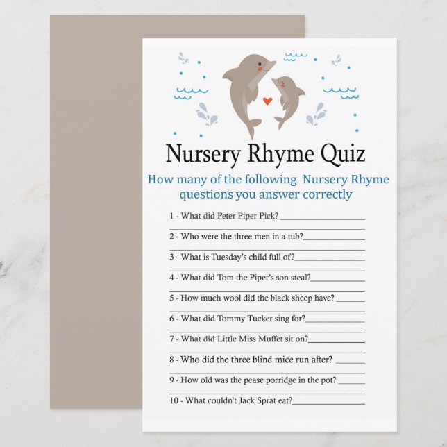 Papier Dolphin Nursery Rhyme Quiz jeu de baby shower (Devant / Derrière)