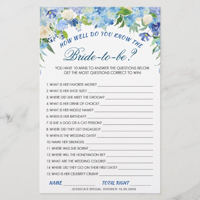 Papier DOUBLE CÔTÉ Blue Hydrangea Fête des mariées Jeu (Devant)