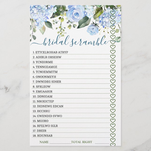 Papier DOUBLE CÔTÉ Blue Hydrangea Fête des mariées Jeu (Devant)