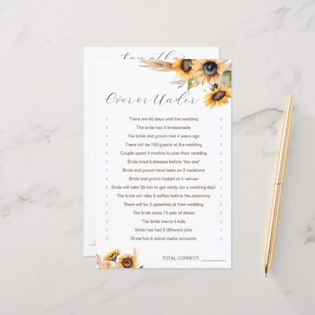 Papier Douche nuptiale des tournesols au-dessus ou en des (Devant/Arrière en situation)