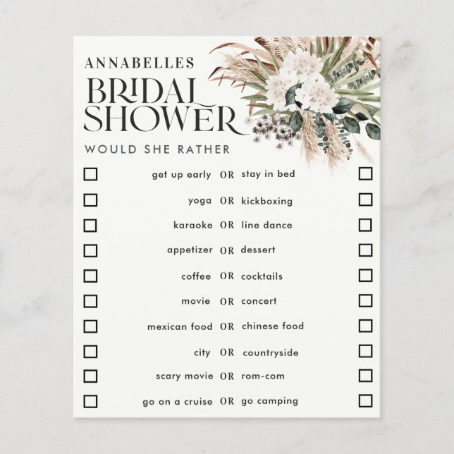 Papier Douche nuptiale pampas herbe préférerait elle jeu (Devant)