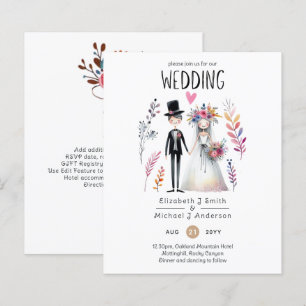 Papier Drôle Mariage Cartoon Bride Groom dessiné main