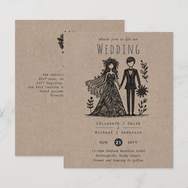 Papier Drôle Mariage Cartoon Bride Groom dessiné main (Devant / Derrière)