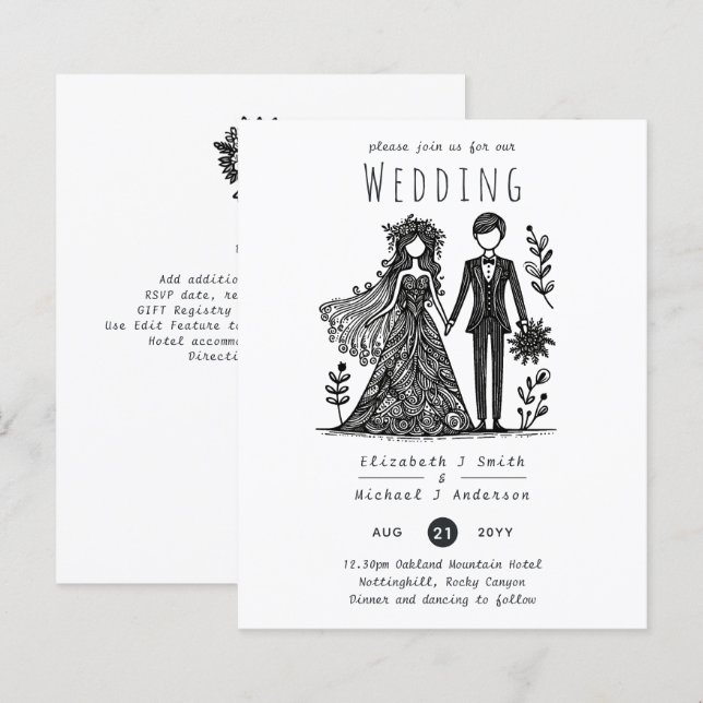 Papier Drôle Mariage Cartoon Bride Groom dessiné main (Devant / Derrière)
