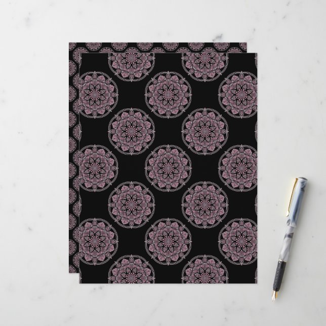 Papier Dusky Rose Fronds Pois Mandala (Devant/Arrière en situation)