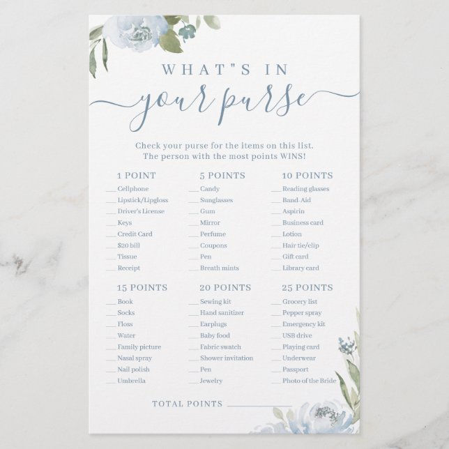 Papier Dusty bleu ce qu'il y a dans votre sac de douche n (Devant)