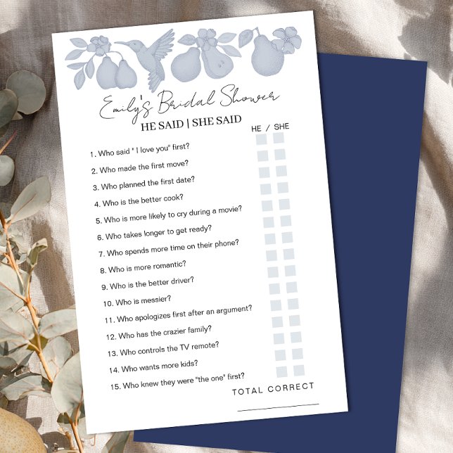 Papier Dusty Bleu Parfait Fête des mariées Pear Il A Dit  (He said / She said game sheet)