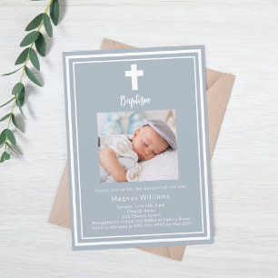 Papier Dusty bleu photo garçon Baptême invitation