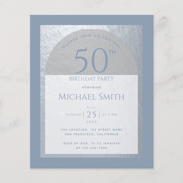 Papier Dusty Blue 50e anniversaire Silver Budget Invitati (Devant)