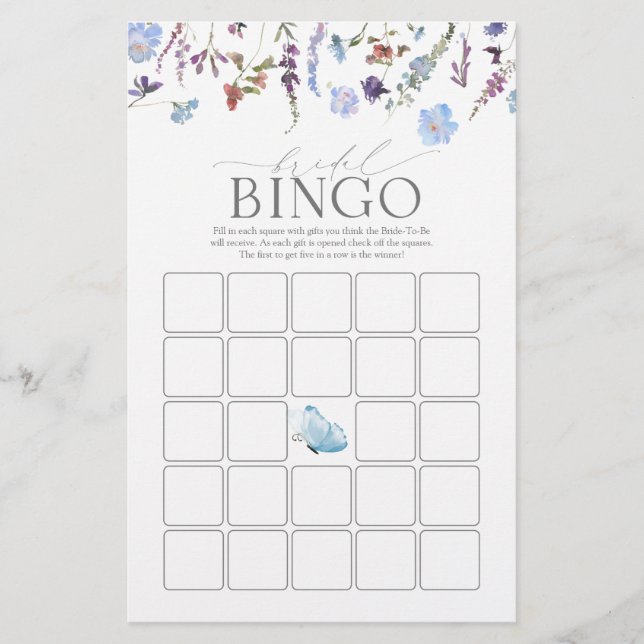 Papier Dusty Blue Aquarelle Fleur sauvage Jeu de bingo (Devant)