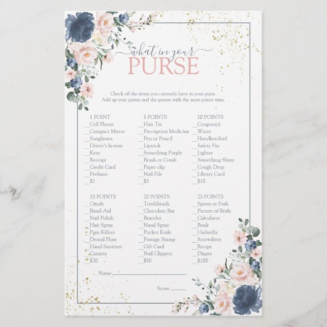 Papier Dusty Blue Blush Rose or Floral Douche Jeu (Devant)