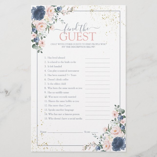 Papier Dusty Blue Blush Rose or Floral Douche Jeu (Devant)