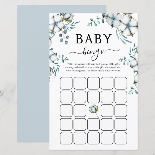 Papier Dusty Blue coton fleurs Baby shower Bingo Jeu (Devant / Derrière)